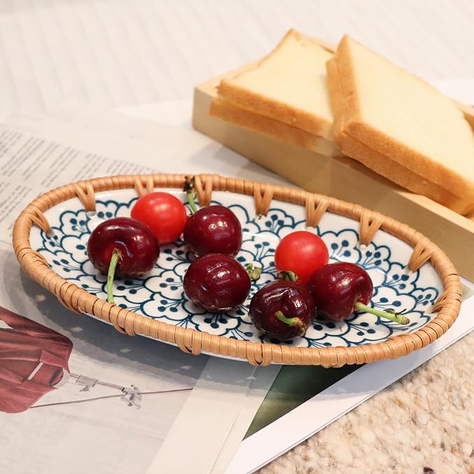 Rattan Ceramic Tray, Oval Fruit/Bread/Cookie/Jewelry Small Storage Porcelain Serving Plate, Vintage Decorative Display Plate for Coffee Table Home Decor Wedding Party Gift （Cyan Cloud）