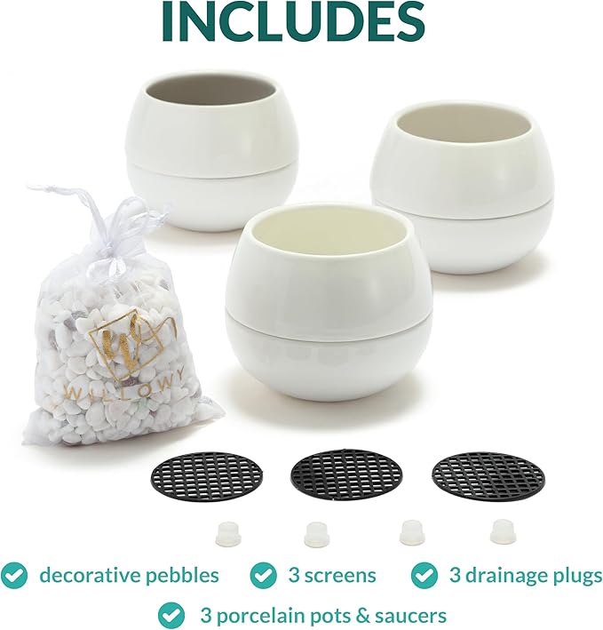 Willowy 3.5 Inch Small Succulent Pots - 3pk, Mini/Small White Ceramic Succulent Pots - No Plants Included