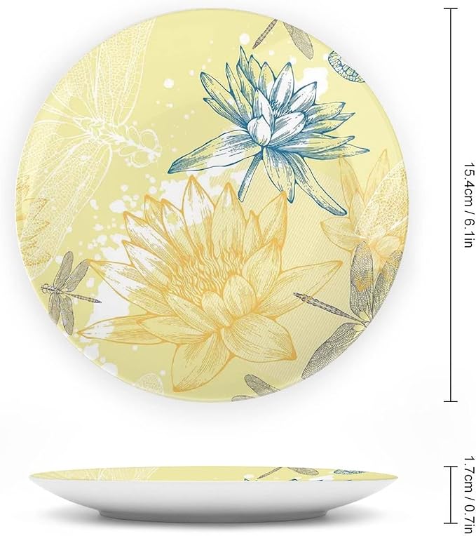 10 Inch Decorative Plate, Dragonfly Ceramic Plate, Boho Style Plants and Spiritual Dragonflies Sketchy Print Ceramic Wall Hanging for Fine Dining For Upscale Events, Dinner Parties, Weddings, Catering