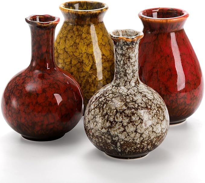 Okllen Set of 4 Ceramic Flower Vases Farmhouse Decor, Boho Decor, Red and Yellow Reactive Glazed Color Small Flower Vases, Centerpiece Table Decorations, Decorative Ceramic Vase for Home, Living Room