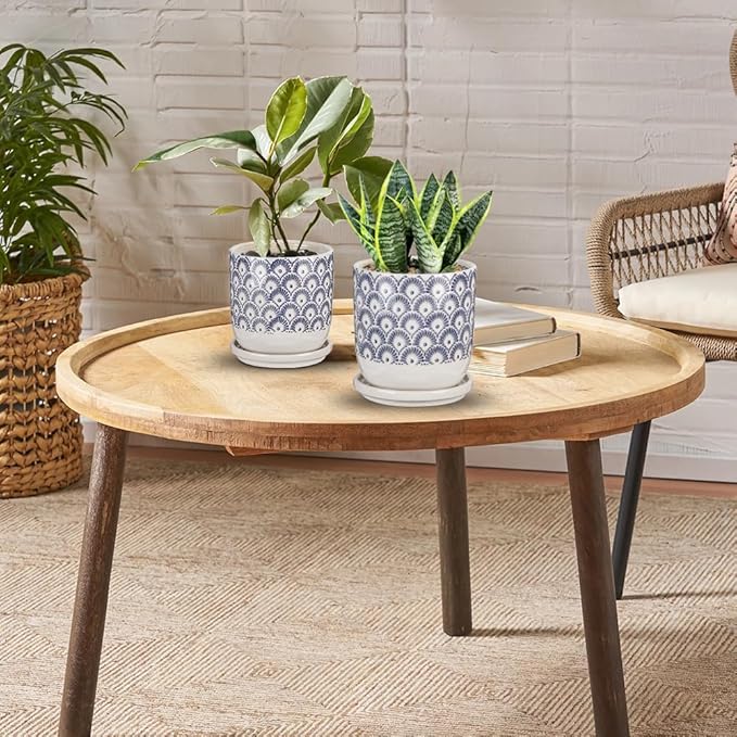 Ceramic Planter Pots for Indoor Outdoor, 5+6 inch Round Flower Pots with Drainage Hole and Tray, Blue and White Plant Pots for Succulent Orchid Flower, Gardening Home Desktop Office Use(Set of 2)