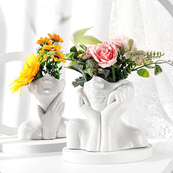 Sieral 3 Pcs Ceramic Face Vase Female Form Flower Modern Body Vase for Decor with Head Half Body Bust Centerpiece for Table Shelf Home Bedroom Room Office(Small,White)