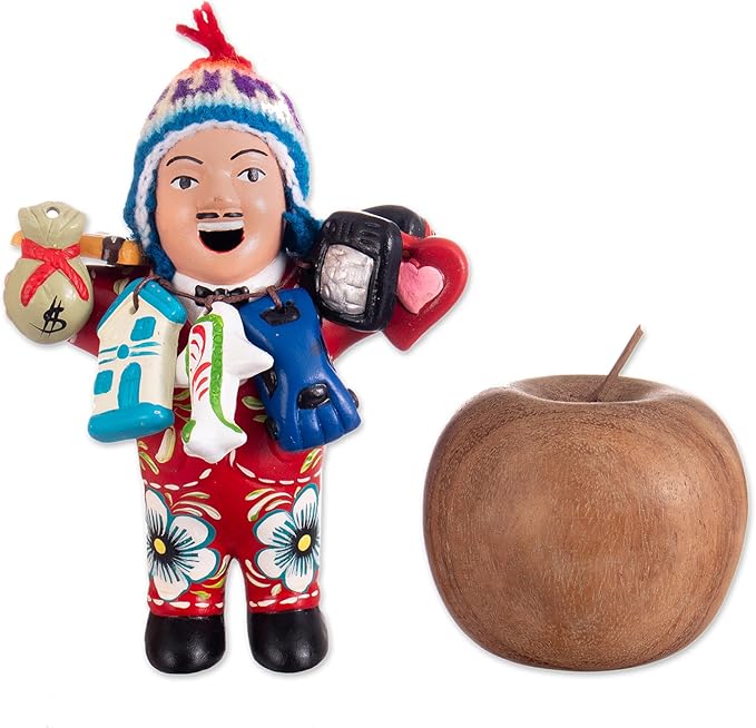 NOVICA Artisan Handmade Ceramic Figurine Ekeko Sculpture with Wool Cap from Peru Red People Portraits Floral [6in H x 4.3in W x 2.8in D] ' Ekeko of Abundance in Red'