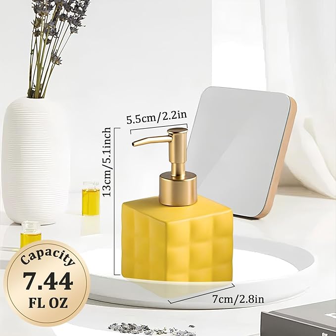 Hand Soap Dispenser Dish Cube Soap Dispenser Countertop 7.44 FL OZ. /220 ML Hand Lotion Pump Bottle Ceramic Lotion Container Liquid Hand Soap Jar Shower Dispenser Kitchen Bathroom Décor (Yellow)