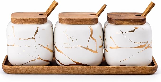 Ceramic Spice Jars Porcelain Condiment Jars Set Marble Ceramic Seasoning Box 3pcs Condiment Pots for salt, sugar, pepper Kitchen Seasoning Condiment Jar Set