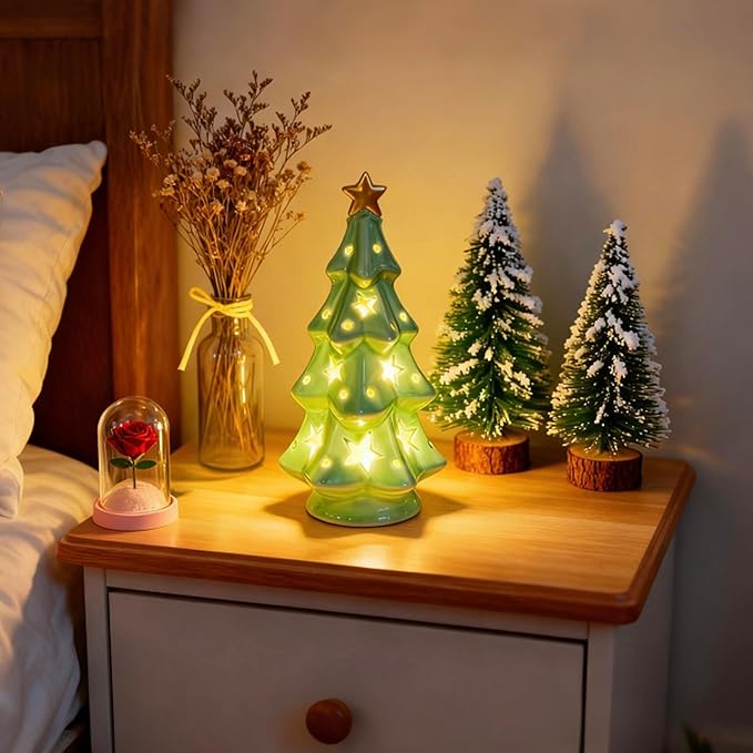 Ceramic Christmas Tree with Lights, Star-Shaped Hollowed-Out Design Tabletop Holiday Tree, Star Topper, Christmas Decor(7in)