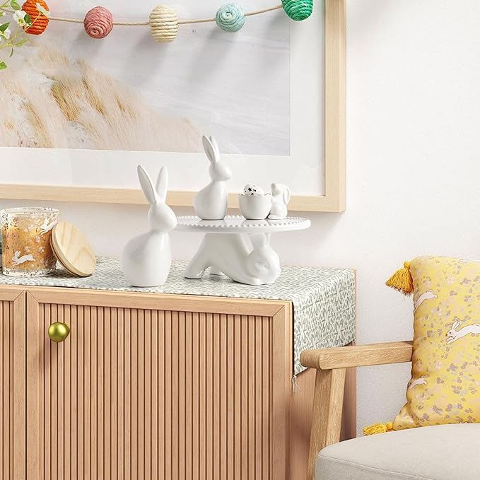 Easter Decorations: Elegant White Ceramic Bunny Figurines Set of 2, Cute Farmhouse Rustic Easter Rabbit Statue Different Size for Spring Easter Holiday Home Office Table Party Decor