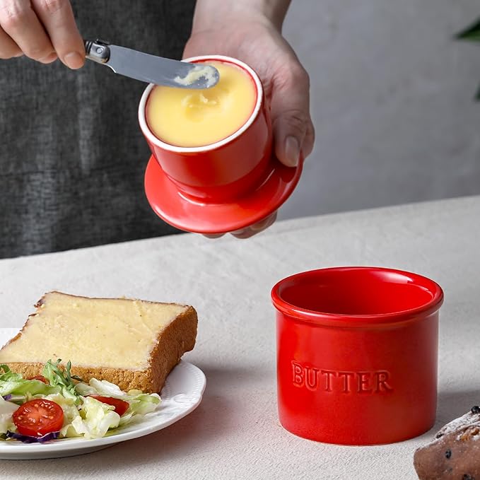 Butter Crock with Lid for Countertop - Ceramic French Butter Dish for Spreadable Soft Butter, Butter Container Holder with a Water Seal, Housewarming Gift, Kitchen and Home Decor, Red