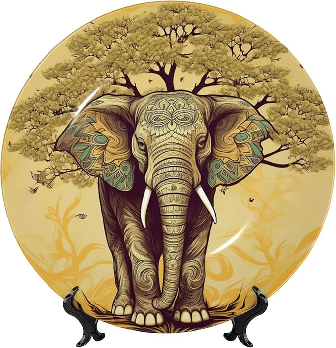 Bone China Decorative Plate with Display Asian Elephant with Tree Ceramic Plates Crafts Art Decor Dessert Plate Ceramic Ornament Porcelain Plates for Living Room Kitchen Table Home Decor