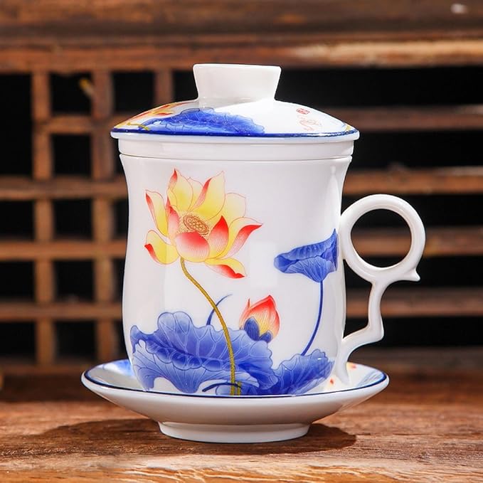 Porcelain Tea Cup with Infuser Lid and Saucer Sets - Chinese Jingdezhen Ceramics Coffee Mug Teacup Loose Leaf Tea Brewing System for Home Office