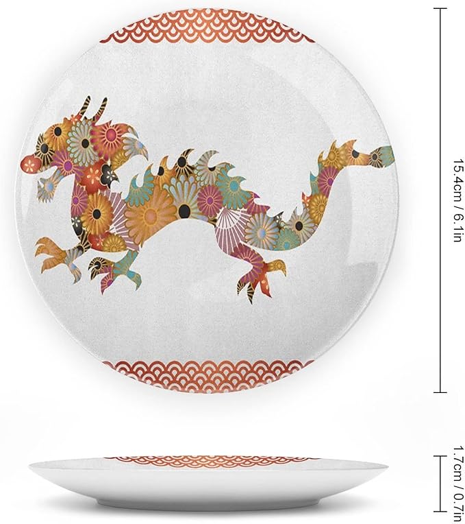 XISUNYA 10 Inch Decorative Plate, Dragon Ceramic Plate, Floral Ornamental Dragon Body Classic Japanese Wavy Print Ceramic Wall Hanging for Home Office Party Dinner Table Decor