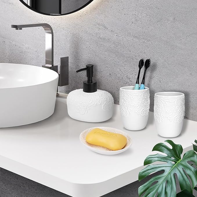 Bathroom Accessories Set, 4pcs Ceramic with Embossed Design Look Sets Bathroom Soap Dispenser 13.5oz & 2Pcs Ceramic Cup, 1Pcs Soap Dish