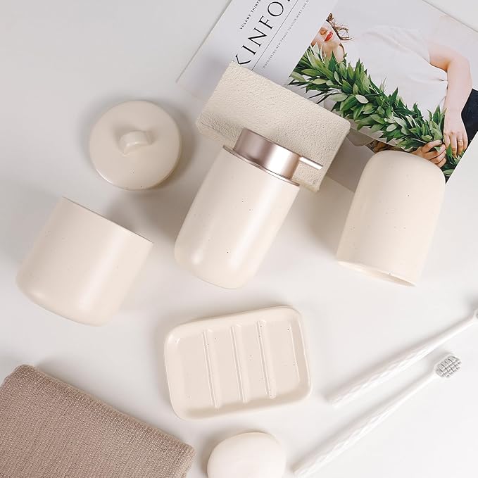 BosilunLife Ceramic Bathroom Accessories Sets Complete Bathroom soap Dispenser and Toothbrush Holder Set (Apricot-Liquid)
