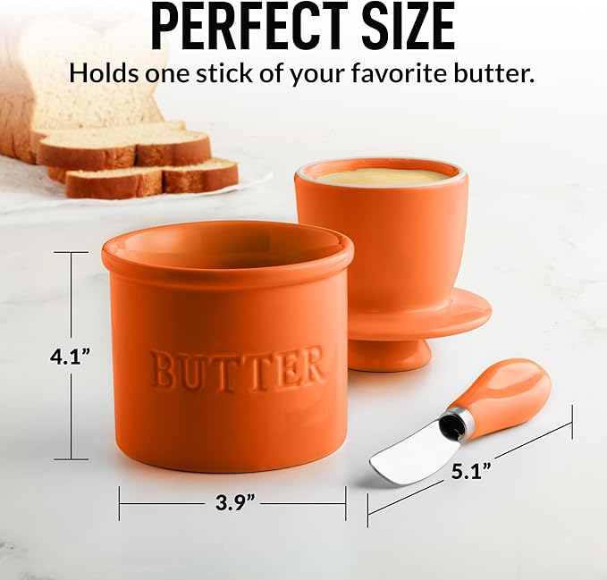 Zulay Kitchen Bell Shaped Butter Crock with Lid for Countertop with Water Line & Spreader Knife, Ceramic French Butter Dish Keeper For Fresh, Soft & Spreadable Butter - Orange