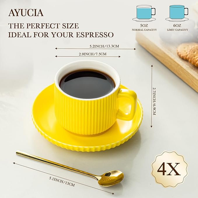 5 Ounce Espresso Cups Set of 4, Small Coffee Cups with Saucers and Spoons, Yellow Ceramic Demitasse Espresso Mugs