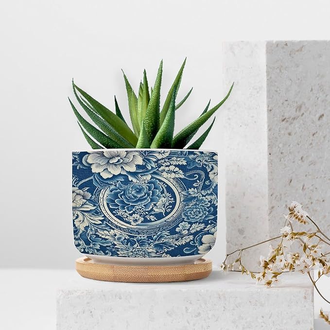 DreamAutumn Chinese Style Chinoiserie Blue and White Porcelain Floral Ceramic Pots for Plants with Drainage Holes Round Flower Pot Bamboo Tray Orchid Pot Succulents Pots for Outdoor Indoor Plants