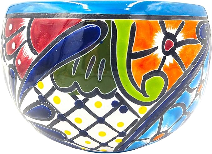 Cactus Canyon Ceramics Talavera Ceramic Planter, Hand-Painted Mexican Floral Print Plant Pot, Indoor Outdoor Round Bowl with Drainage Hole, Rustic Terracotta Decor, 8.5 Inch, Light Blue Multicolor