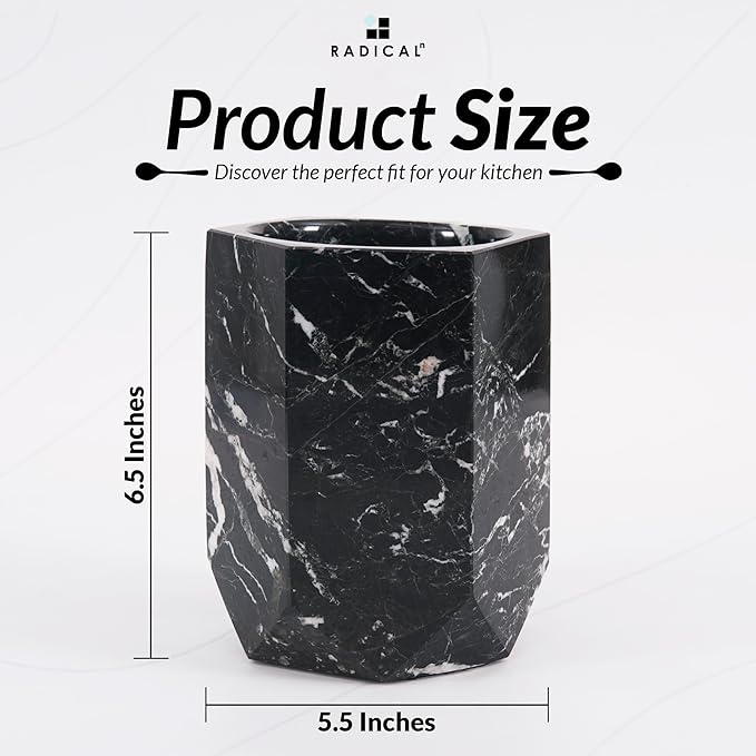 Radicaln Marble Utensil Holder 6.5'' Inches Black Spatula Set for Kitchen Counter, Ideal Cooking Utensils Jar & Kitchen Essentials Organizer, Ideal Utensil Caddy & Spoon Holder