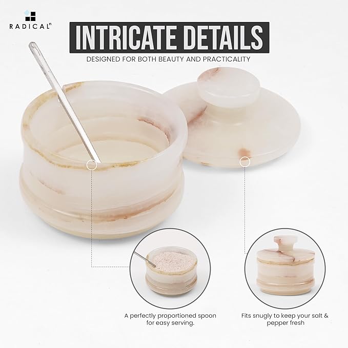 Radicaln Marble Salt Cellar with Lid 4" Inch White Onyx Handmade Salt Jar & Table Salt Storage For Kitchen Countertop, Ideal Salt Container, Salt Dish & Sugar Bowl For Tabler Counter, Spice Jar