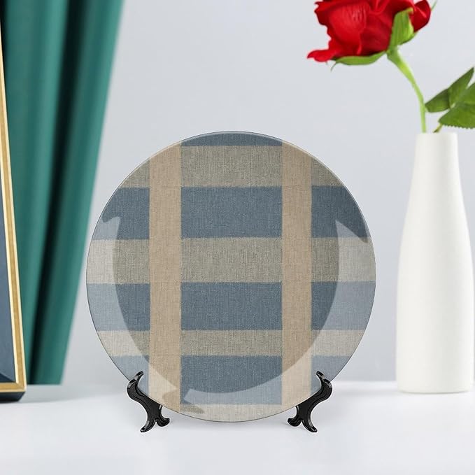 Geometric Asian Check in Blue Vintage Plates of 6", 7", 8", 10", Personalized Christmas Design Porcelain Dessert Plate Set, Customize Gifts, Kitchen Farmhouse Decorations Club, Unique Art with Stand