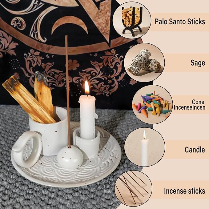 5-in-1 White Ceramic Palo Santo Burner & Holder - Small Candle and Smudge Tray for Incense Sticks & Cones, Sage, Zen Meditation Altar Accessory – Compatible with Matches for Aromatic Scents