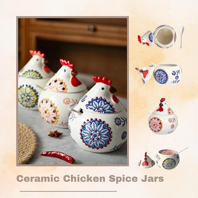 13.5 Oz Salt Cellar With Lid and Spoon (Red)- Ceramic Chicken Spice Jars for Salt, Sugar, Pepper - Spice Containers for Countertop