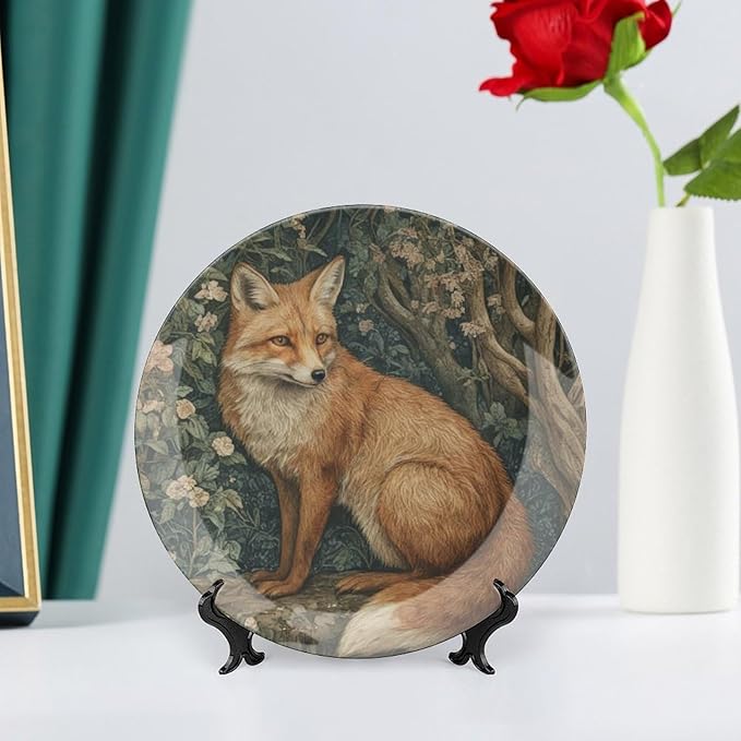 Ceramic Decorative Plate Fox in A William Morris Forest Custom Decor for Art Decoration Festival Display Club Ceramic Hanging Decorative Plate Including Bracket And Special Hook, Gifts for Men Women