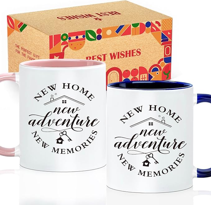 House Warming Gift Set for New Homeowners - Ceramic Adventure Memories Mug Pair (His & Hers), Unique Move-In Present for Couples, Women, Friends, Realtor Closing Gifts for Clients -64