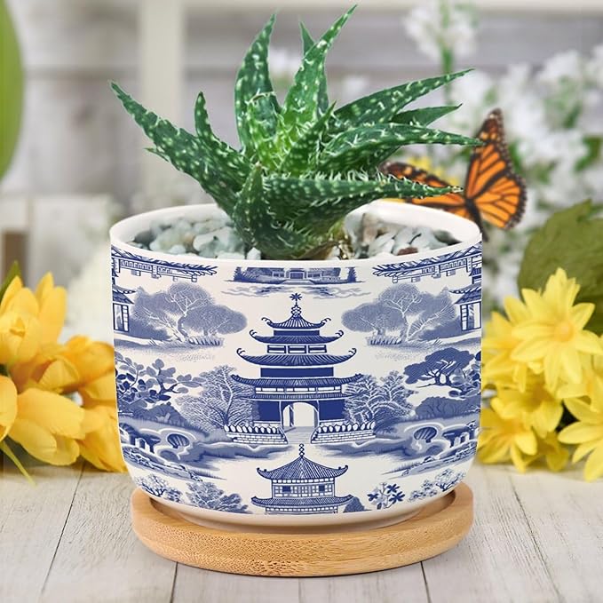 Chinoiserie Blue Asian Ceramic Planter Chinoiserie Chic Asian Flower Pots for Indoor Plants with Drainage Holes and Saucers Pot for Succulents Cactus Garden Windowsill