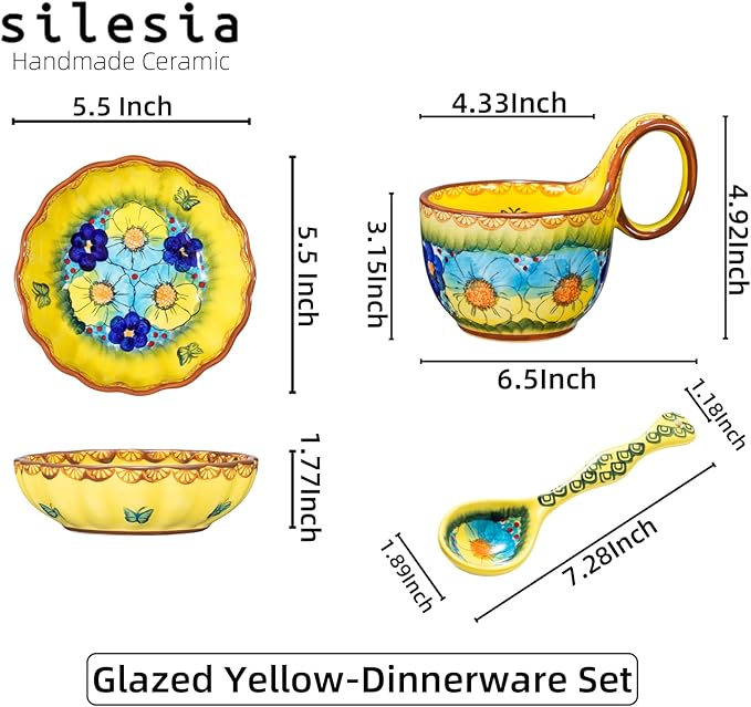 silesia Handmade Loop Handle Soup Bowl, Plate and Spoon Set Ceramic Hand Painted Cereal Bowl Great for Soup, Ice cream, Snack, Stew in Gift Box, Dishwasher & Microwave Safe, Glazed Yellow