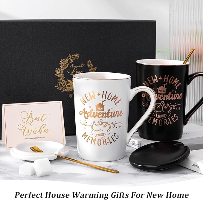 House Warming Gifts New Home - New Home Gift Ideas for Women Men Couple New Homeowners Neighbor Friend, Unique Housewarming Present with 14Oz Coffee Mugs, Spoons, Lids, Greeting Card, Elegant Boxed