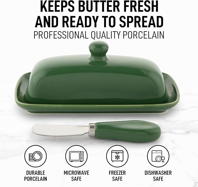 Zulay Butter Dish With Lid For Countertop - Porcelain Jade, Ceramic Butter Dish with Knob Handle Great for Cooking - Elegant Design Butter Holder - Durable & Sturdy Butter Keeper - Jade