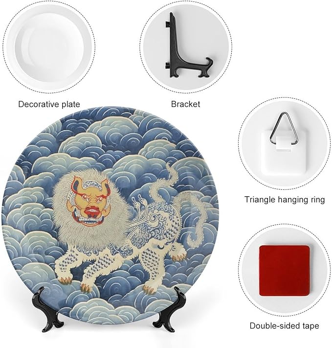 Blue Tibet Tiger Plates Ceramic, Custom Wall Hanging Decorative Plate for Festival Wedding Farmhouse Decor, 1 Plate with 1 Display Stand Art Decorations for Wall Office