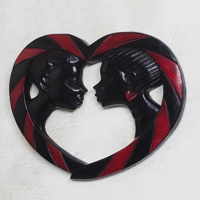 NOVICA Artisan Handmade Wood Wall Sculpture Romantic Sese from Ghana Black Red Decor Art Heart People Portraits [10.5in H x 13.5in W x 1.4in D] ' Passionate Lovers'