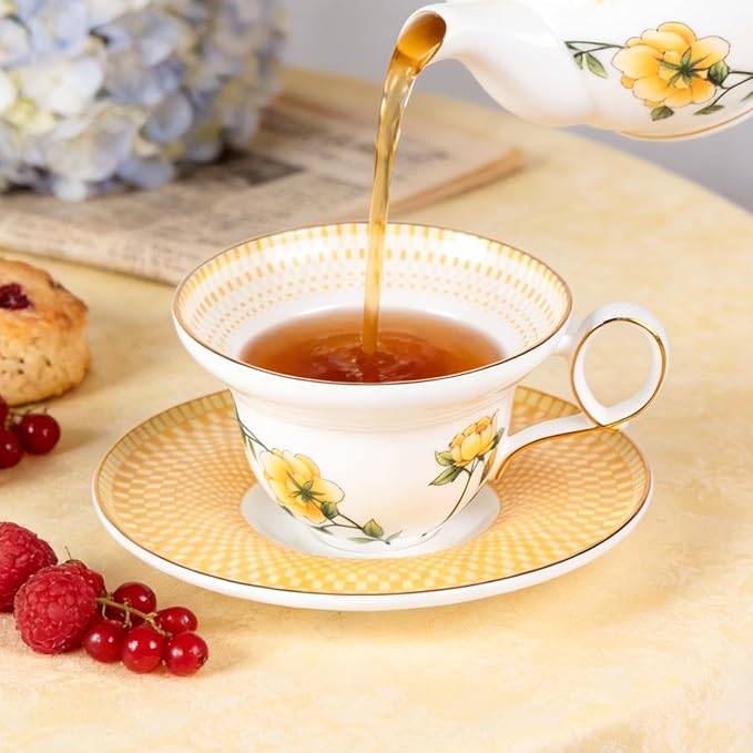 KAMMAK Ceramic Coffee Cups Saucers Set of 2, Porcelain Espresso Cups with Saucers, 5.92 oz Handmade Elegant Bone China Tea Cup, Ceramic Floral Pattern Demitasse for Latte, Americano, Cappuccino
