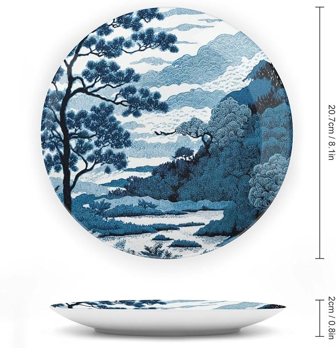 Blue And White Indigo Chinoiserie Vintage Plates, Asian Scenic Ceramic Hanging Decorative Plate for Household Wall Farmhouse Decor, Including Bracket And Special Hook Art Decorations for Club Display