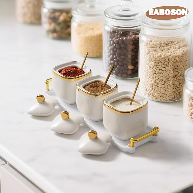3 Pack Gold Condiment Spice Jars with Lids, Spoons, Tray - Ceramic Seasoning Box Set for Salt, Pepper, Sugar - Kitchen Storage