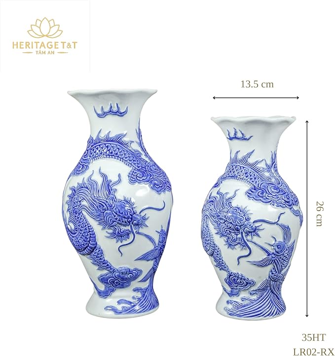 Heritage T&T Dragon Flower Vase Altar Tâm an Blue Glaze – 1 Pair – Bat Trang Handmade Vietnam (Blue & White Glaze, Height 26 cm (10.2 in)