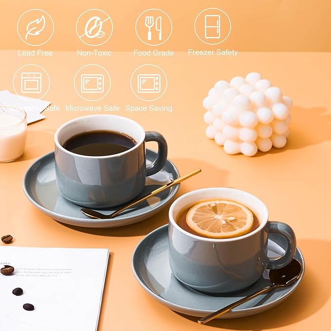 8oz Cappuccino Cups Set of 4, Ceramic Coffee Cups and Saucers Set with Spoons, Gray Durable Coffee Cups for Cappuccino Espresso Latte Mocha Au Lait Macchiato Cafe