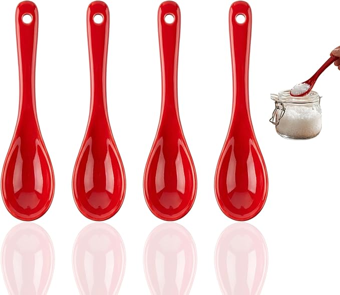 Mini Spoons for Spices, Ceramic Spoon 3.5 inch for Spice Jars, Espresso Spoons, Small Seasoning Spoon for Salt, Coffee, Sugar, Powder and Pepper (Red spoon A set of 4)