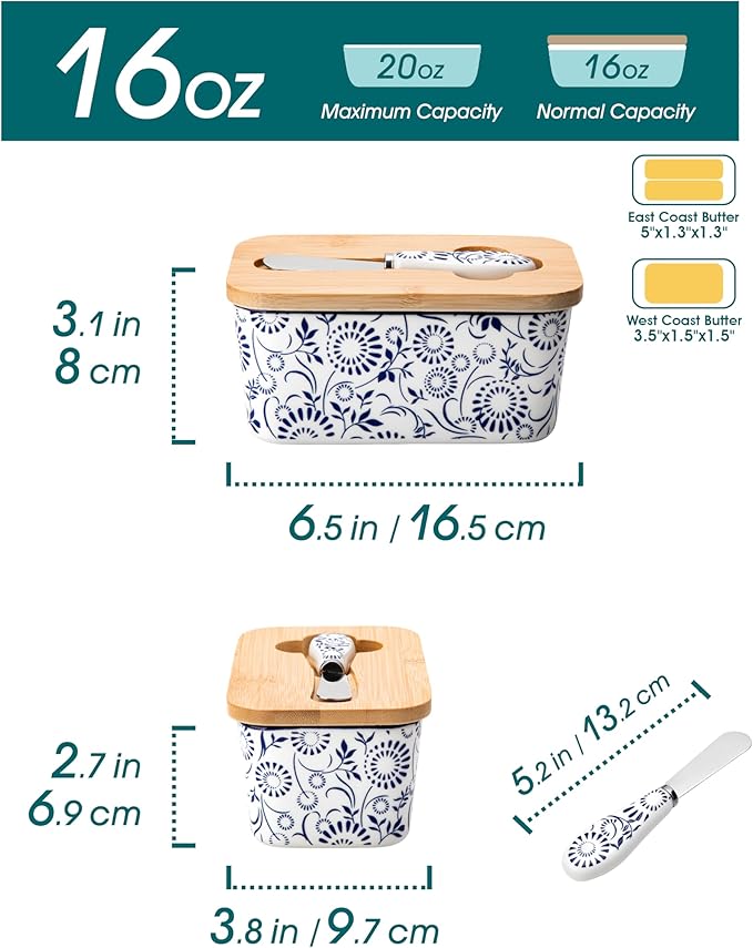 vancasso SELENE Butter Dish with Lid, 6.5" Large Butter Dish for Countertop, Ceramic Butter Keeper Container with Knife and Bamboo Lid, Floral Bloom Pattern