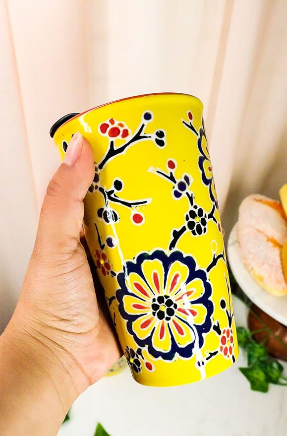 Ebros Oriental Japanese Design Double Walled Porcelain Ceramic Tall Hot Or Cold Drink Travel Mug Cup 12oz With Straw Or Sip Holed Cover Lid (Yellow Floral Cherry Blossoms)