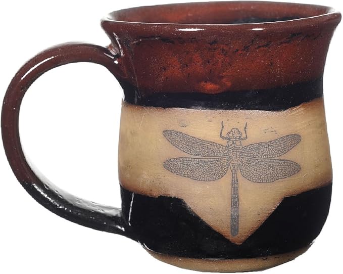 ALWAYS AZUL POTTERY Mug with Dragonfly Pattern in Red on Black - Handmade Ceramic Coffee Mug - Stylish and Unique Handcrafted Artistic Drinkware - Polished Clay Cups, Great for Coffee, Tea, and More