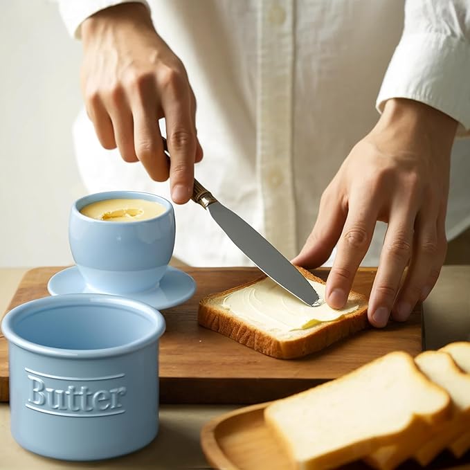 Premium Butter Crock with Lid - Original Design French Butter Dish - Beautiful Ceramic Butter Keeper for Counter with Water Line - Perfect to Keep Butter Soft and Spreadable - Light Blue