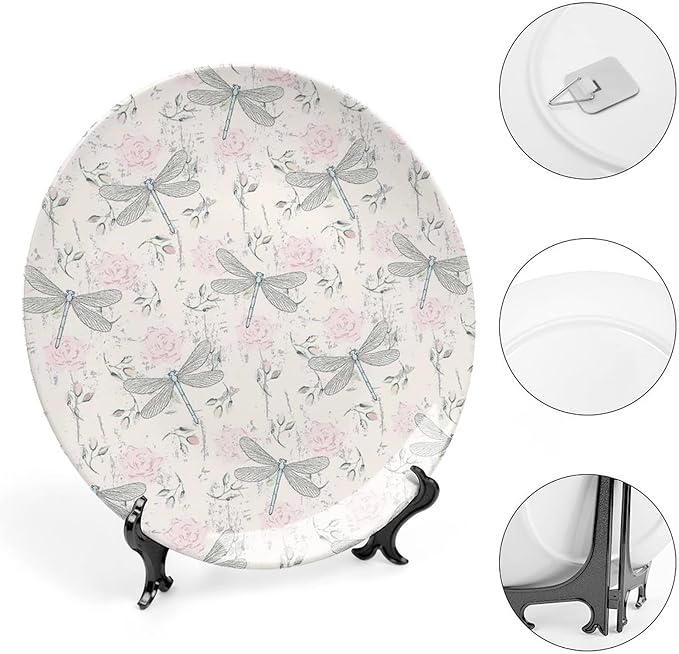 XISUNYA 7 Inch Decorative Plate, Dragonfly Tableware Plate, Chic Roses Vintage Moth Bugs Print Ceramic Wall Hanging Decor Accessory for Dining Table Tabletop Home Decor