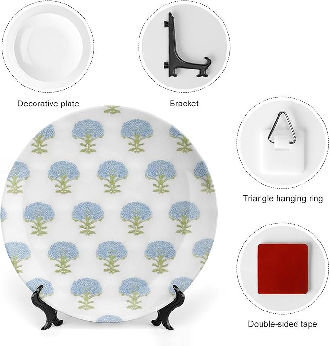 Hydrangea Springtime Blue Flower Ceramic Decorative Plate of 6", 7", 8", 10", Custom Christmas Design Wall Hanging Decoration Gifts Farmhouse Table Decorations Display, with Vertical Stand