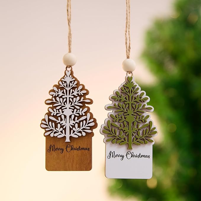 NGHYANA Merry Christmas 3D Wooden Tree Ornaments Set for Holiday Decor 4 Inch Rustic Hanging Decorations