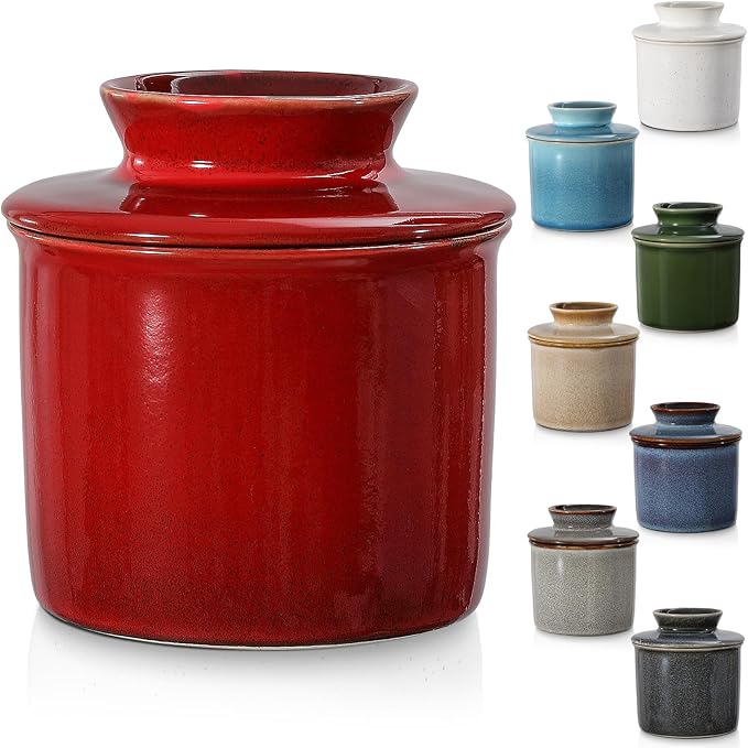 Red French Butter Dish，Handmade Reactive Glaze Ceramic Butter Crock with Water Line for Speradable Fresh Butter