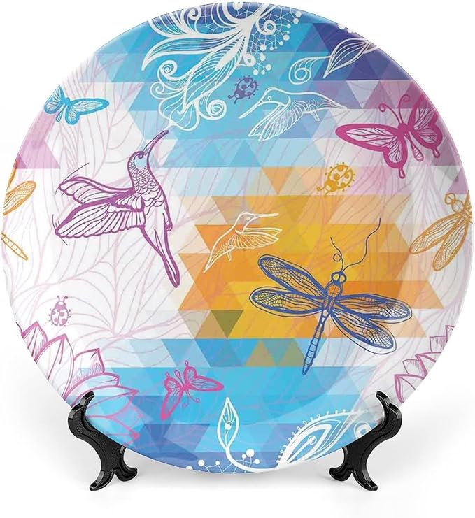XISUNYA 7 Inch Decorative Plate, Dragonfly Round Porcelain,Beetle Dragonfly and Bird Shapes Over Geometrical Graphic Print Ceramic Wall Hanging for Home & Office Wall Hanging Decor