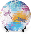 XISUNYA 7 Inch Decorative Plate, Dragonfly Round Porcelain,Beetle Dragonfly and Bird Shapes Over Geometrical Graphic Print Ceramic Wall Hanging for Home & Office Wall Hanging Decor